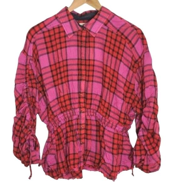Free PEOPLE Pacific Dawn Plaid Red Combo button Up Wool Blend Top - Picture 5 of 6